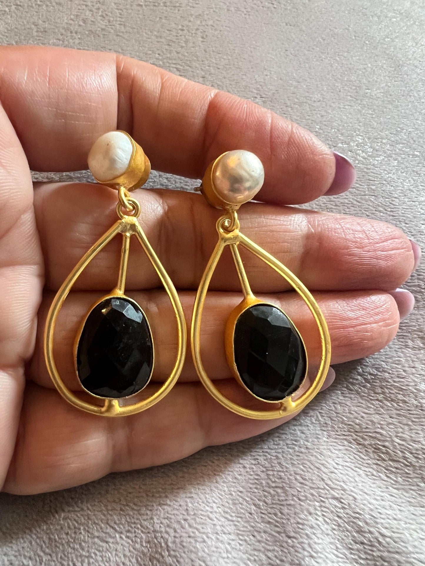 Genuine Gemstone Dangler Earrings with Pearl, Amethyst Black Onyx and Aquamarine