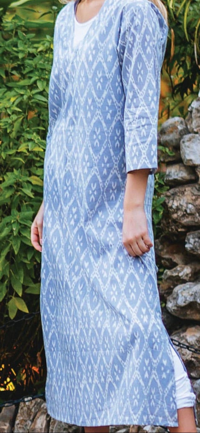 A-line tunic top, ikat print fabric, hand made, calf length dress, tunic, cover up, loungewear FREE DELIVERY