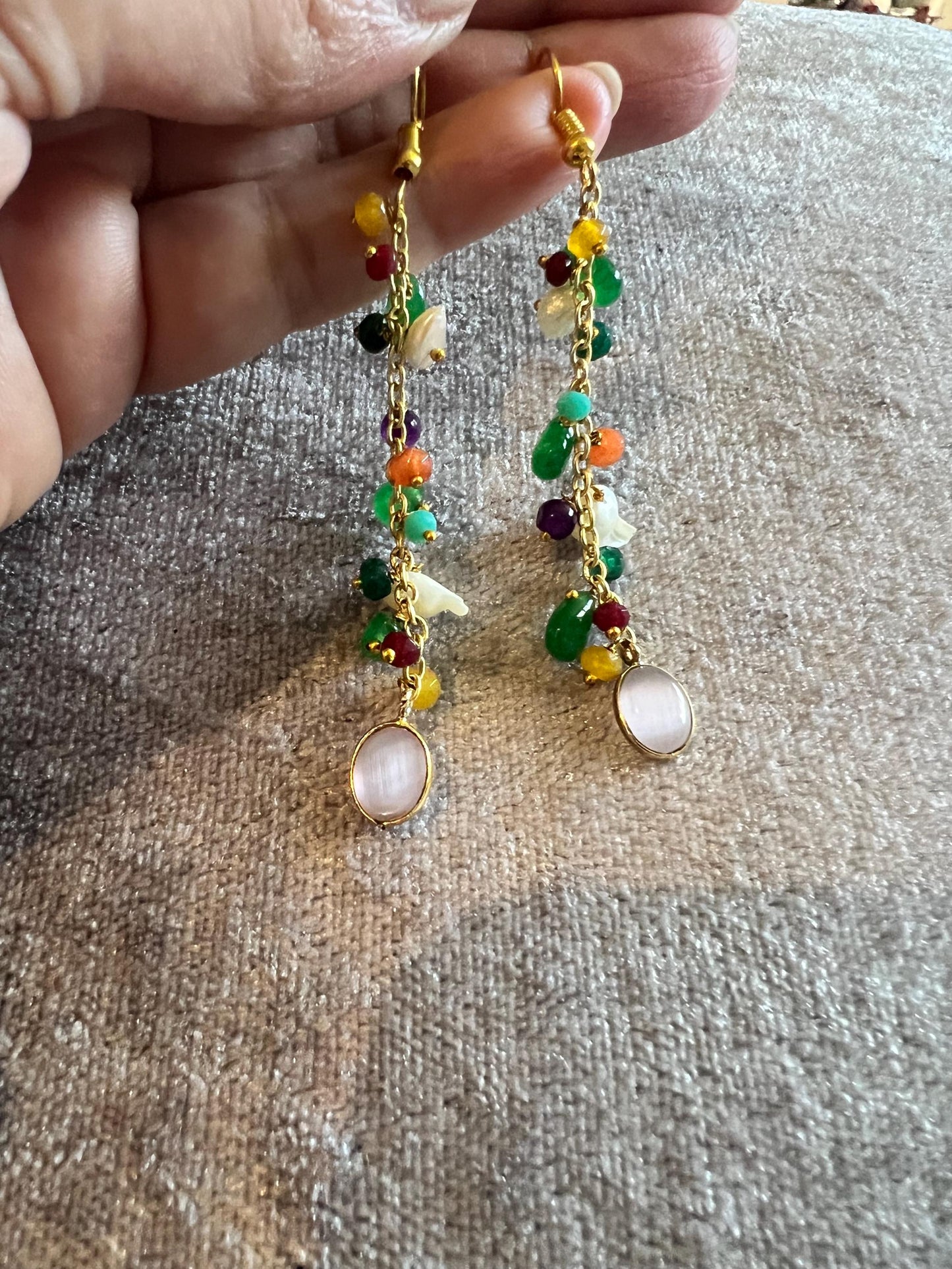 Genuine Gemstone Droplet Earrings with African Opal and Multi Gemstone