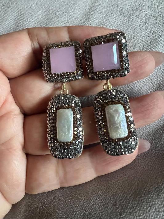 925 silver, cultured pearl and pink cats eye earrings with handmade crystal surround