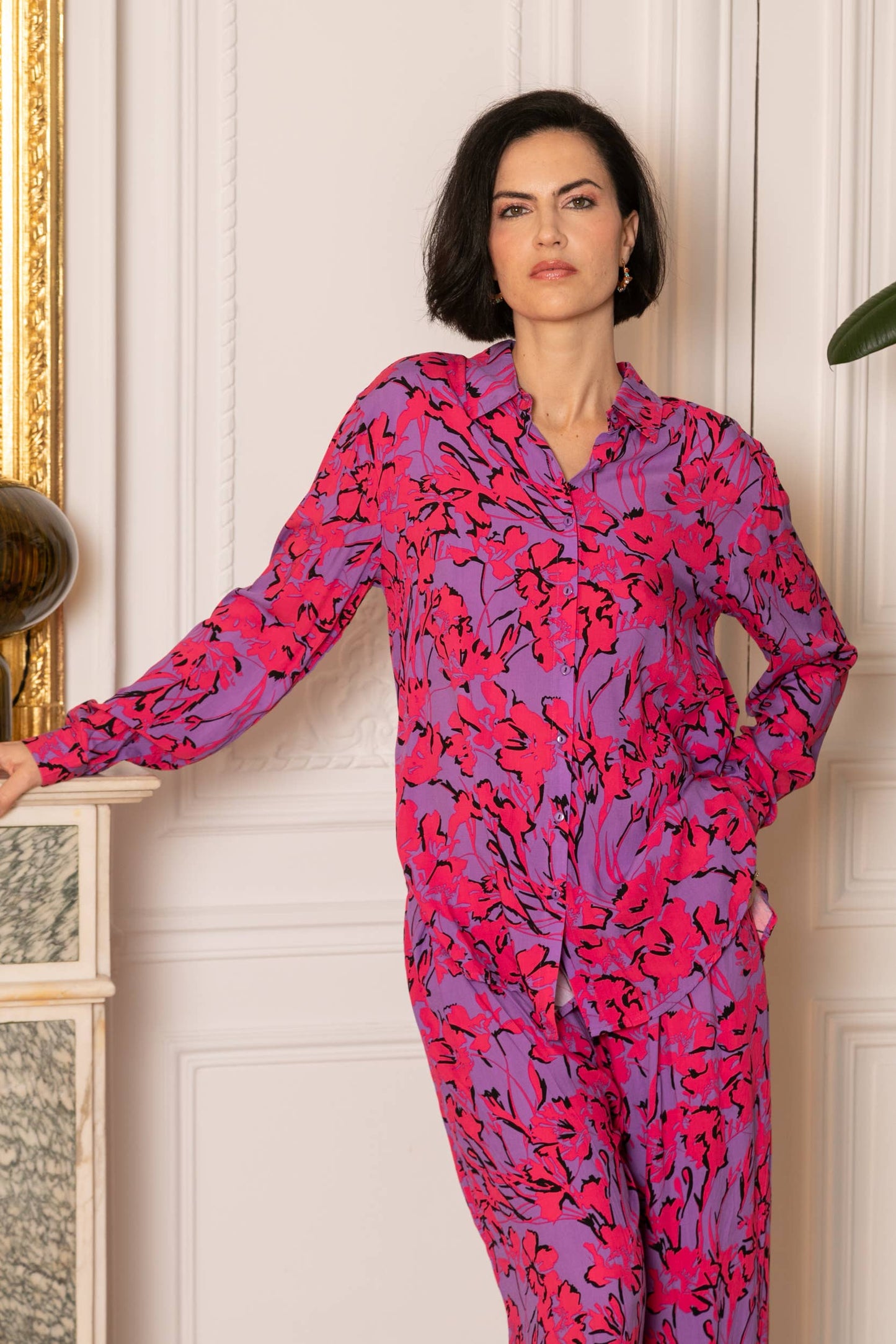 Fluid floral print shirt and pants set.