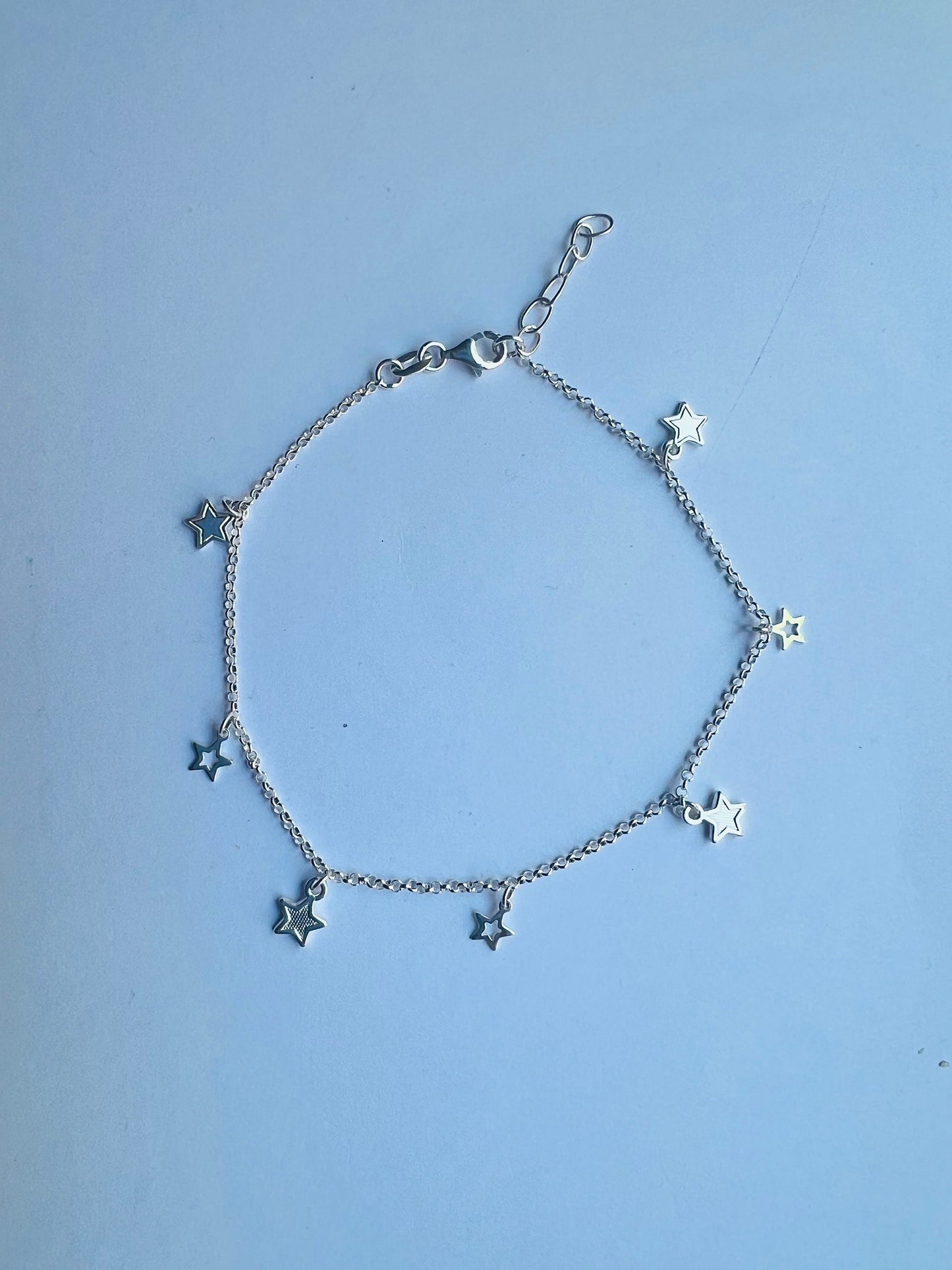 Sterling silver anklet with diamanté star charms or pale blue and crystal beads summer beach, urban accessory