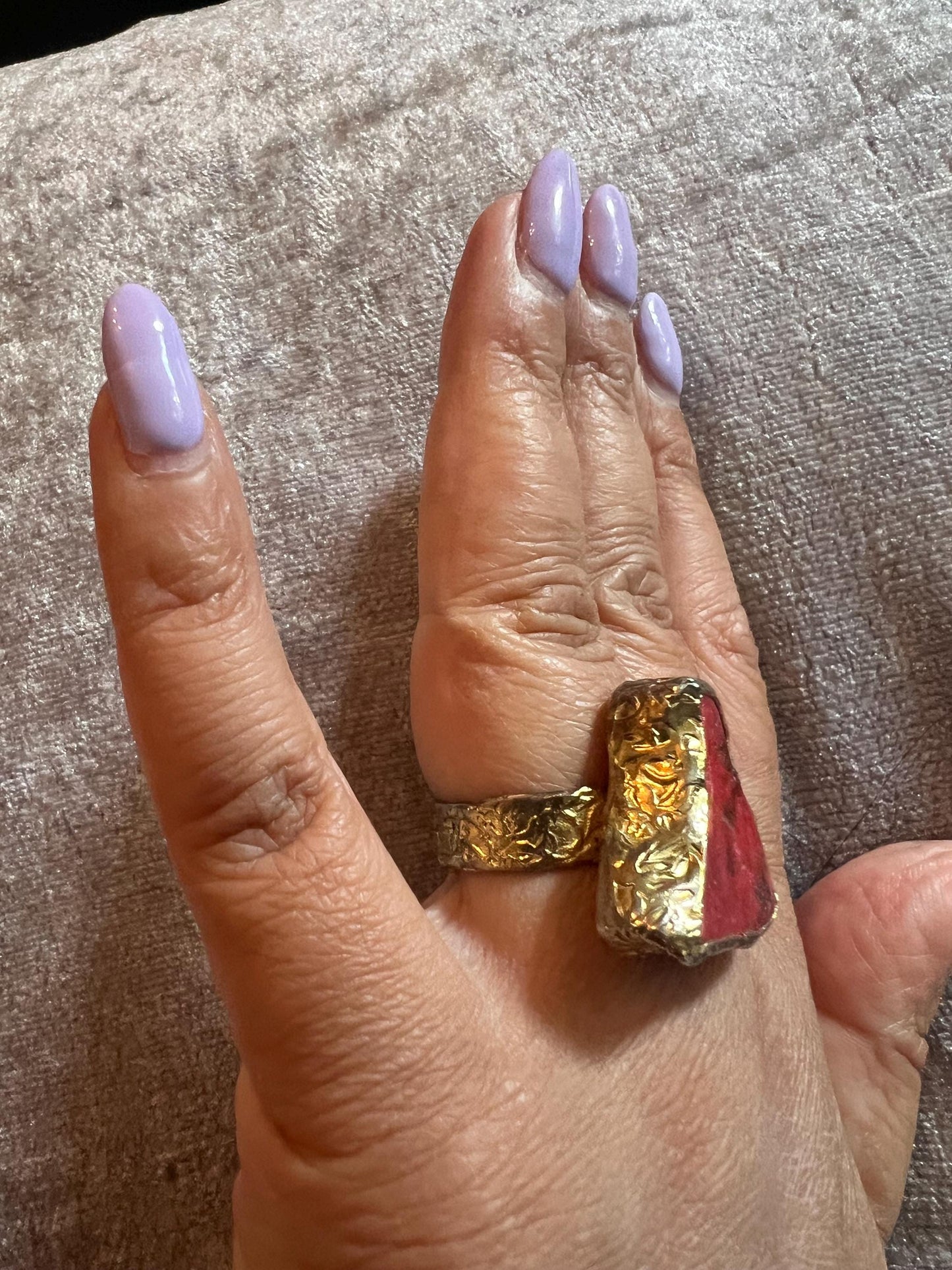 Handmade pink druzy gemstone effect, gold plated adjustable ring