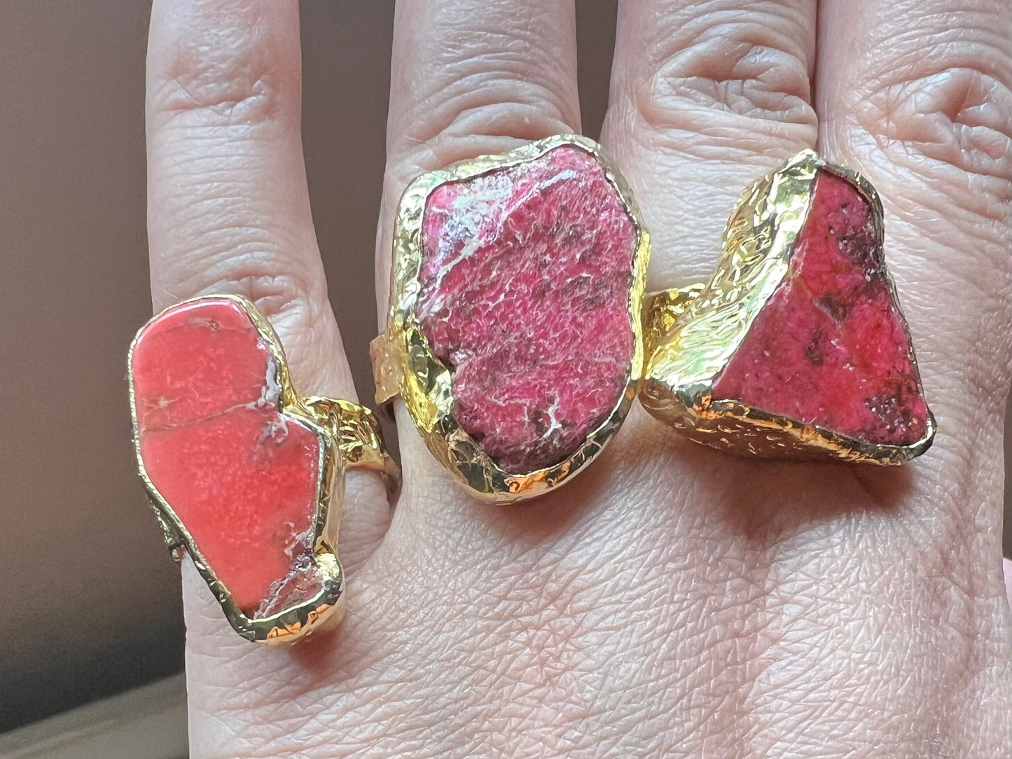 Handmade pink druzy gemstone effect, gold plated adjustable ring