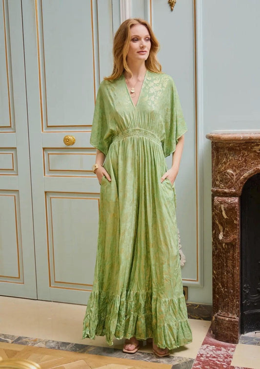 Beautiful, green and gold foil  flared trouser jumpsuit, v-back neck with gold tassle, weddings, parties, birthdays