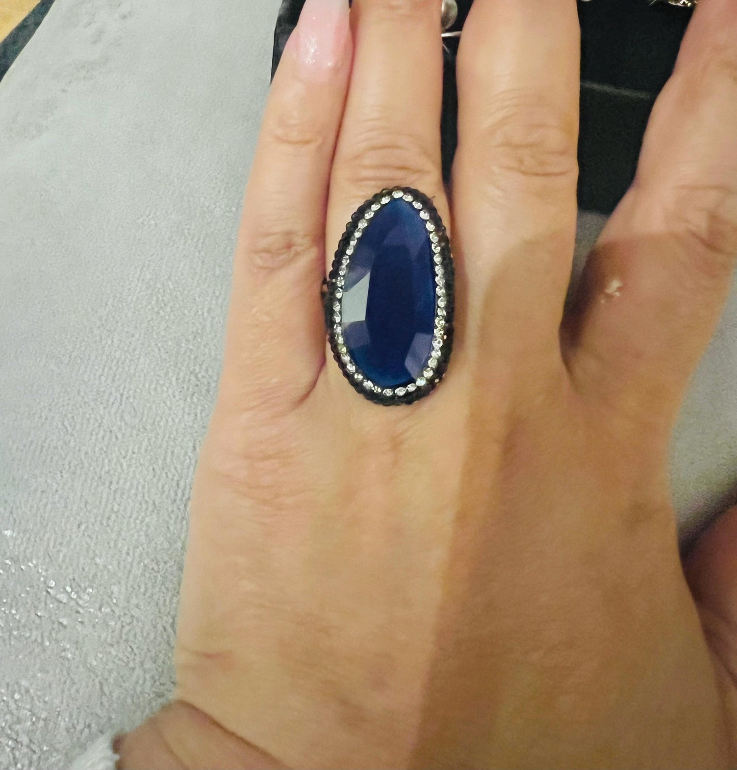 Handmade glass stone with stunning crystal surround, gold plated adjustable ring