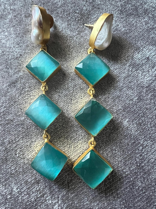 Genuine Gemstone Dangler Earrings with Pearl, Amethyst Black Onyx and Aquamarine