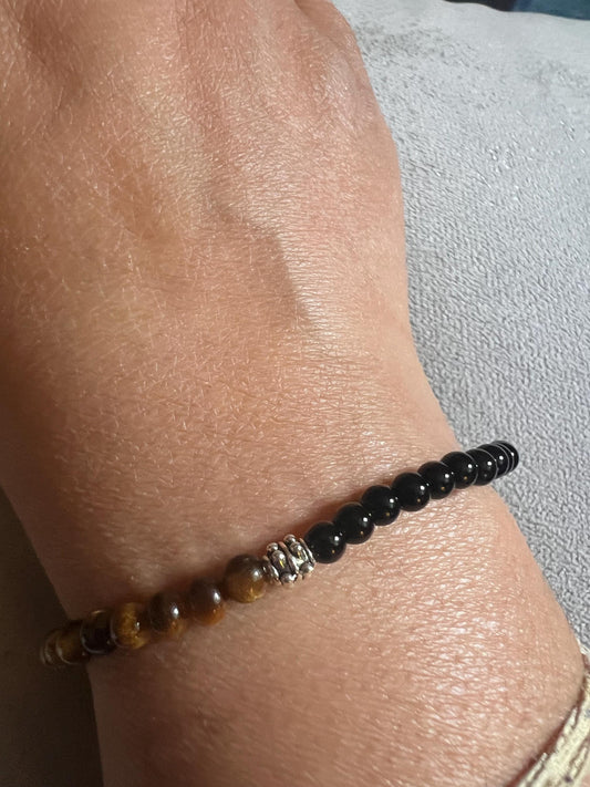 Triple Protection Bracelet Hematite Black Onyx Tiger Eye Silver Beads 4mm Crystal Healing Jewelry
