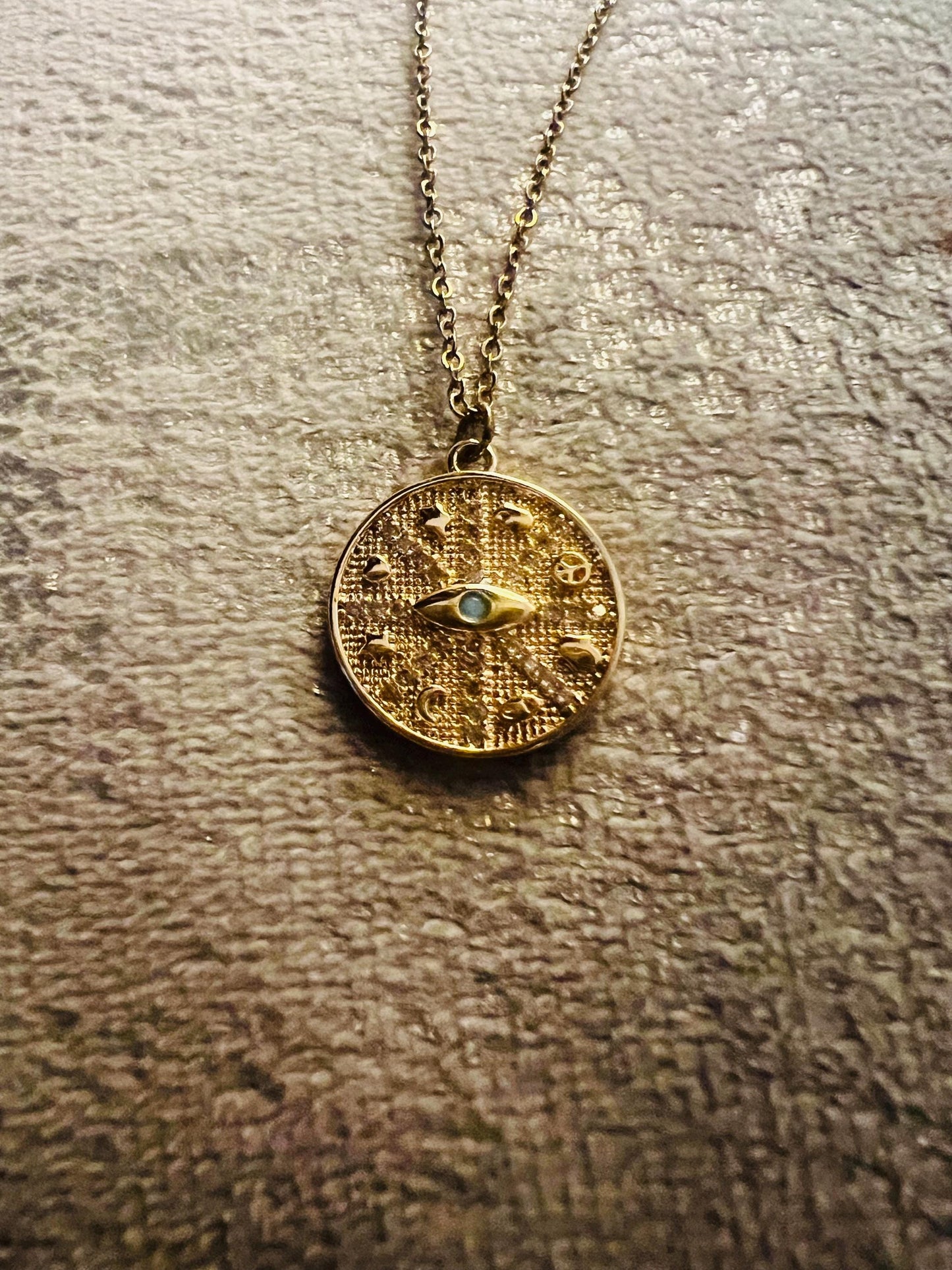 Evil Eye Coin Necklace with turquoise centre stone and Cubic Zirconia designs