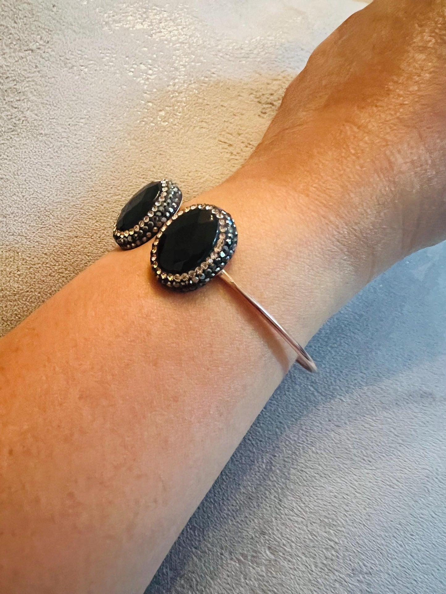 Sterling silver gemstone bracelet with onyx, lab emerald or pearl stone and surrounding rhodium