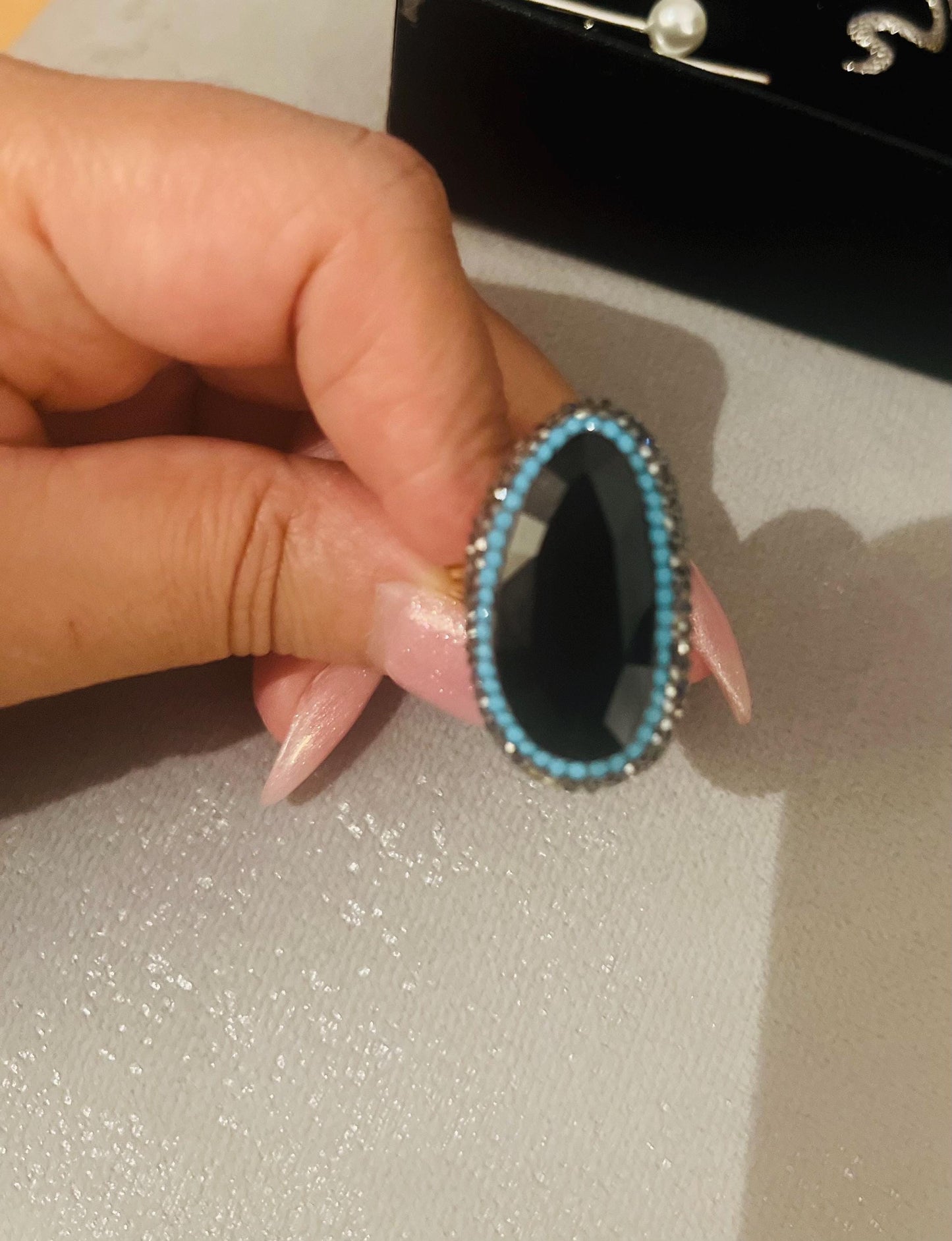 Handmade glass stone with stunning crystal surround, gold plated adjustable ring