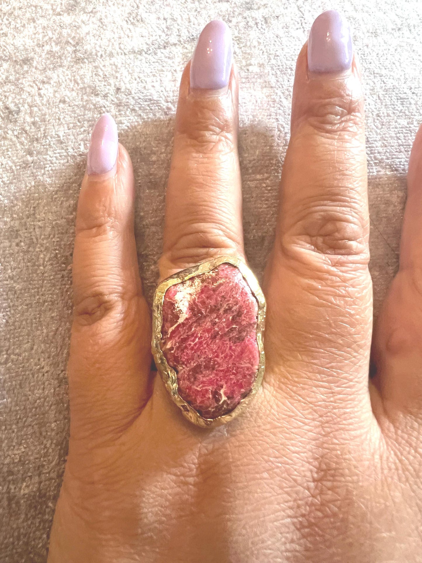 Handmade pink druzy gemstone effect, gold plated adjustable ring