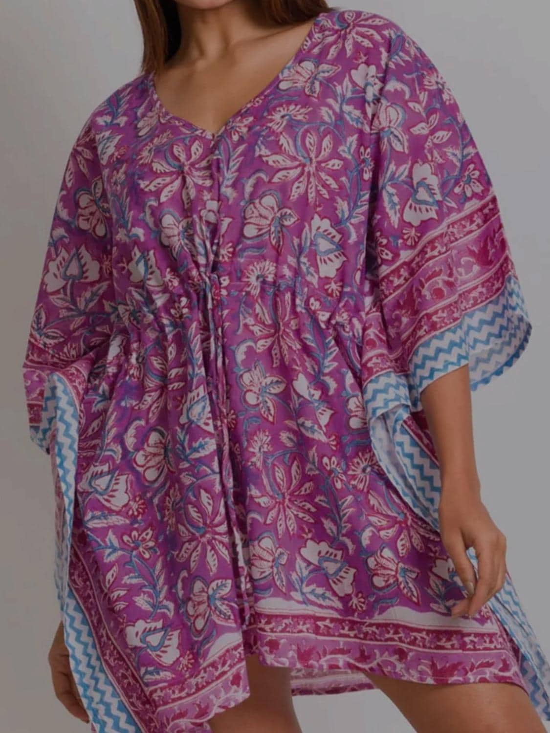 Boho Chic Floral and Patterned Kaftan – Lightweight Summer Cover-Up with Drawstring Waist
