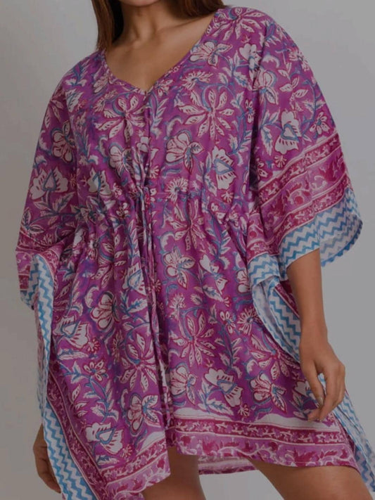 Boho Chic Floral and Patterned Kaftan – Lightweight Summer Cover-Up with Drawstring Waist