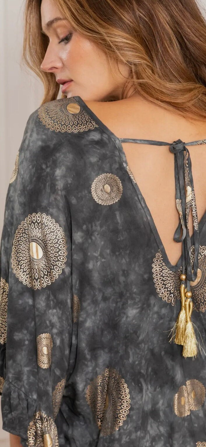 Beautiful,  co-ordinated flared trouser suit, v-back neck with gold tassle, weddings, parties, birthdays. Available in grey, purple or pink