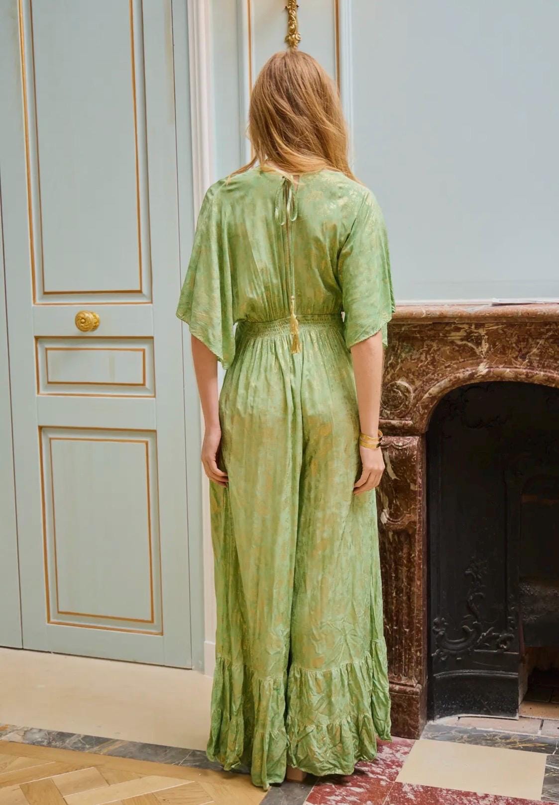 Beautiful, green and gold foil  flared trouser jumpsuit, v-back neck with gold tassle, weddings, parties, birthdays