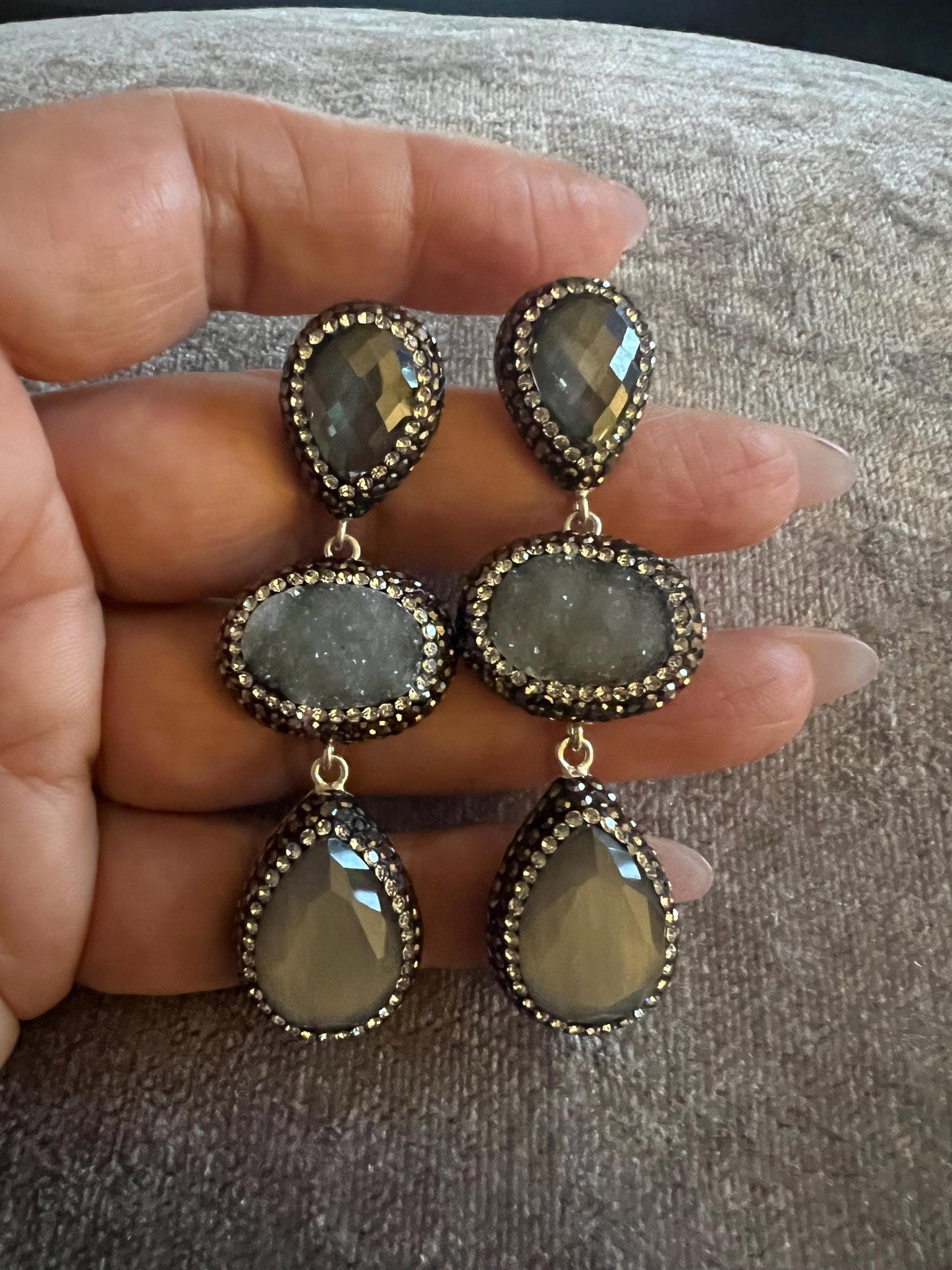 Earrings with grey and pink cats eye  925 silver with Swarovski crystal surround.