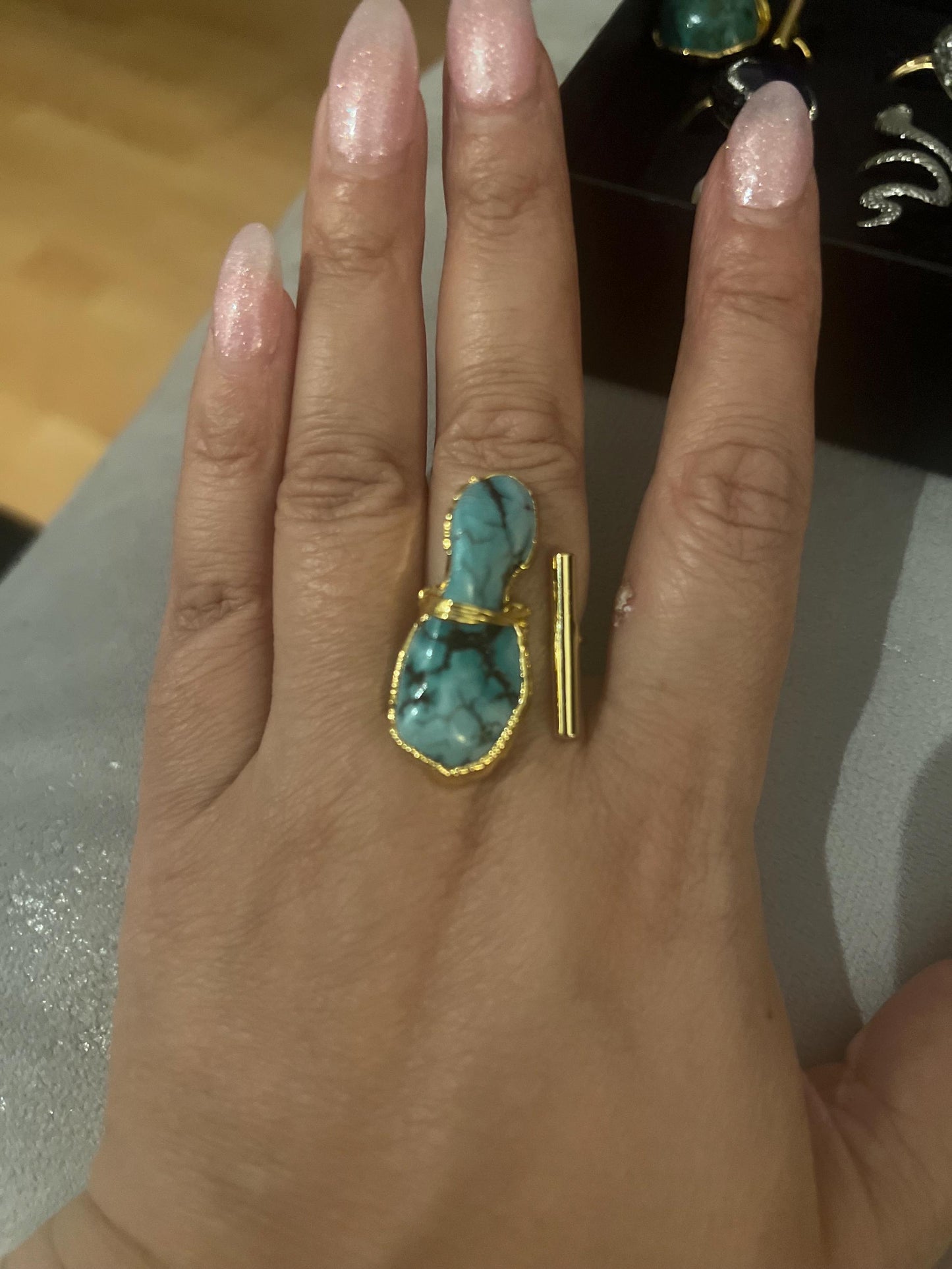 Handmade natural stone asymmetrical , gold plated adjustable ring