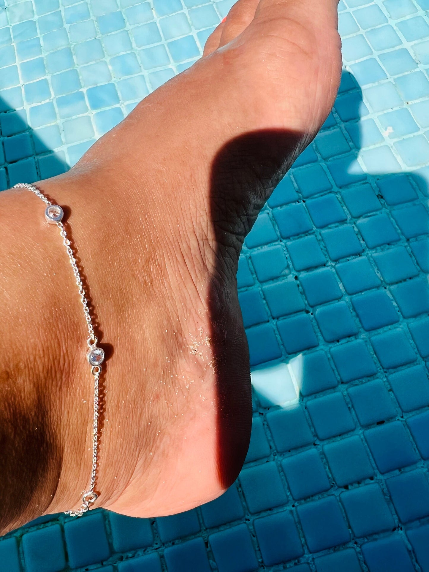 Sterling silver anklet with diamanté star charms or pale blue and crystal beads summer beach, urban accessory