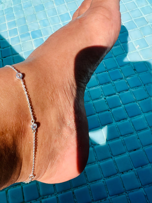 Sterling silver anklet with diamanté star charms or pale blue and crystal beads summer beach, urban accessory