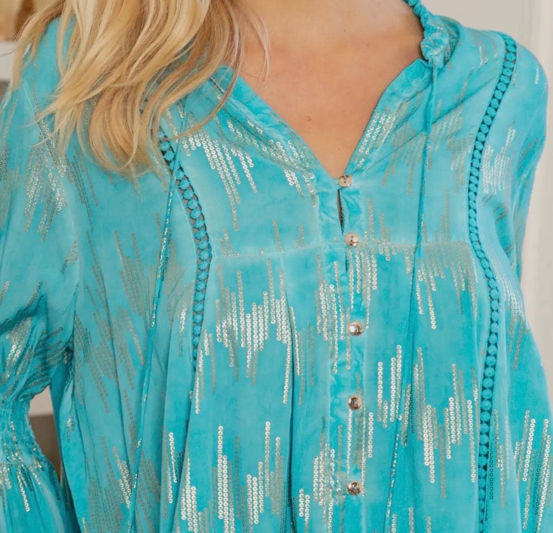 Turquoise & Gold Foil Lantern Sleeve Blouse – Women's Shirt (Sizes S, M, L)