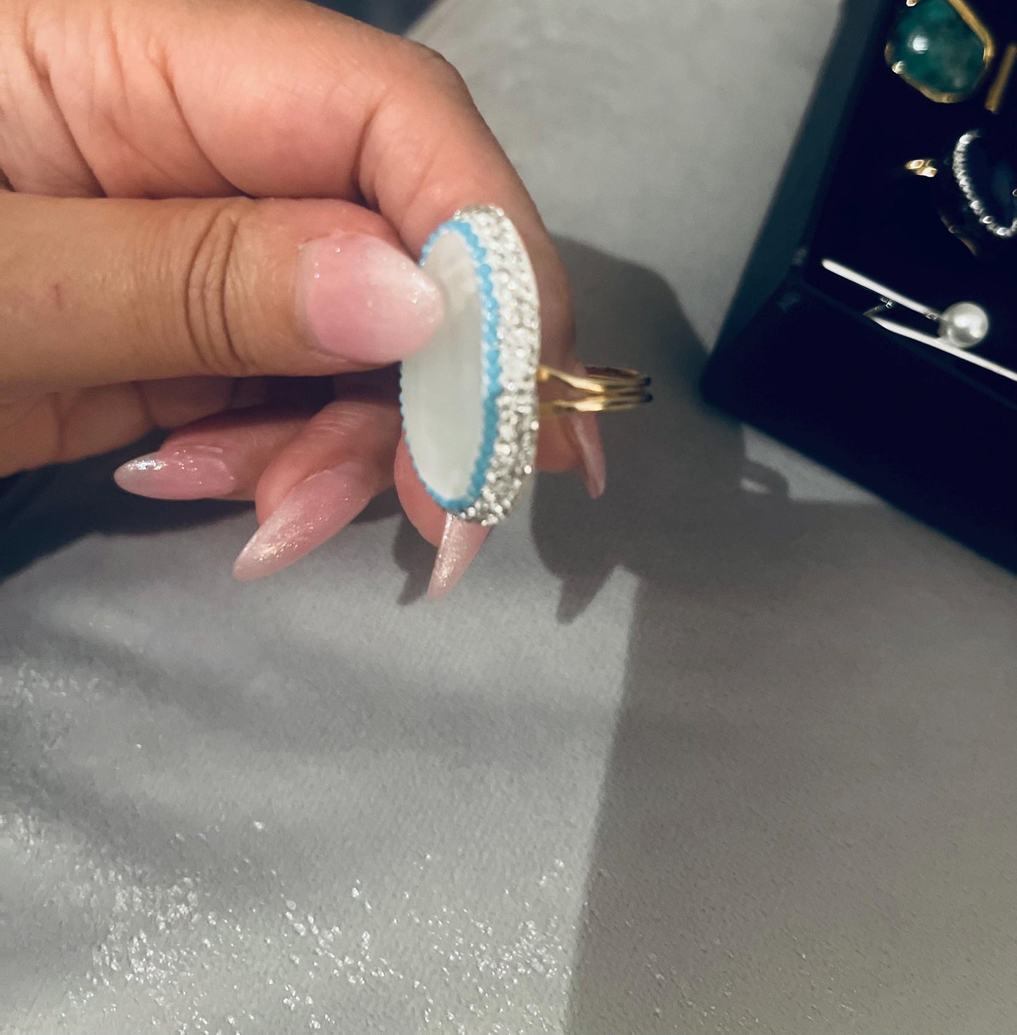 Handmade glass stone with stunning crystal surround, gold plated adjustable ring