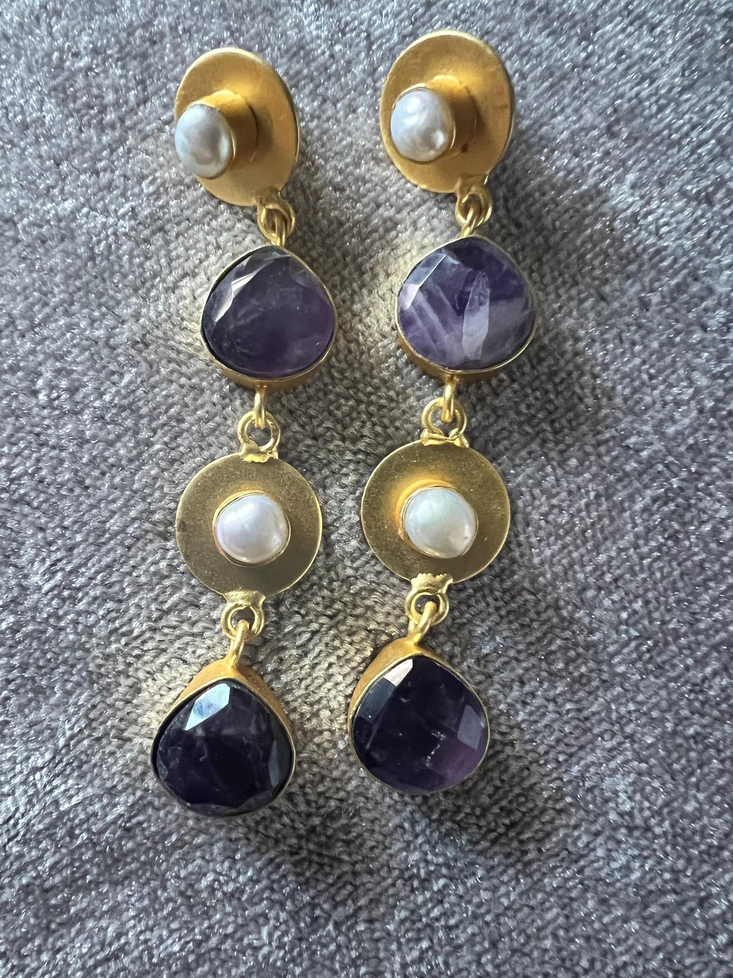 Genuine Gemstone Dangler Earrings with Pearl, Amethyst Black Onyx and Aquamarine
