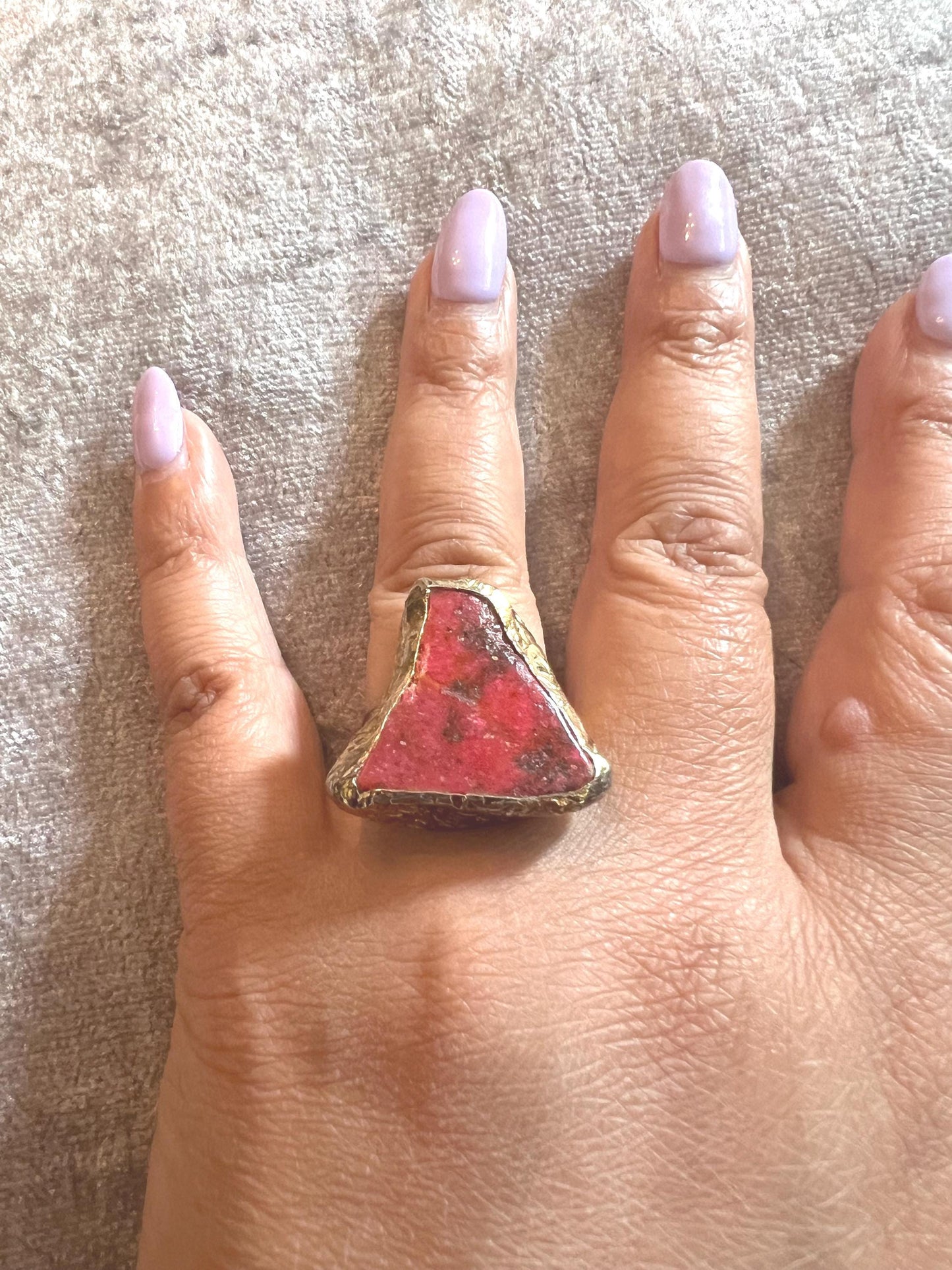 Handmade pink druzy gemstone effect, gold plated adjustable ring