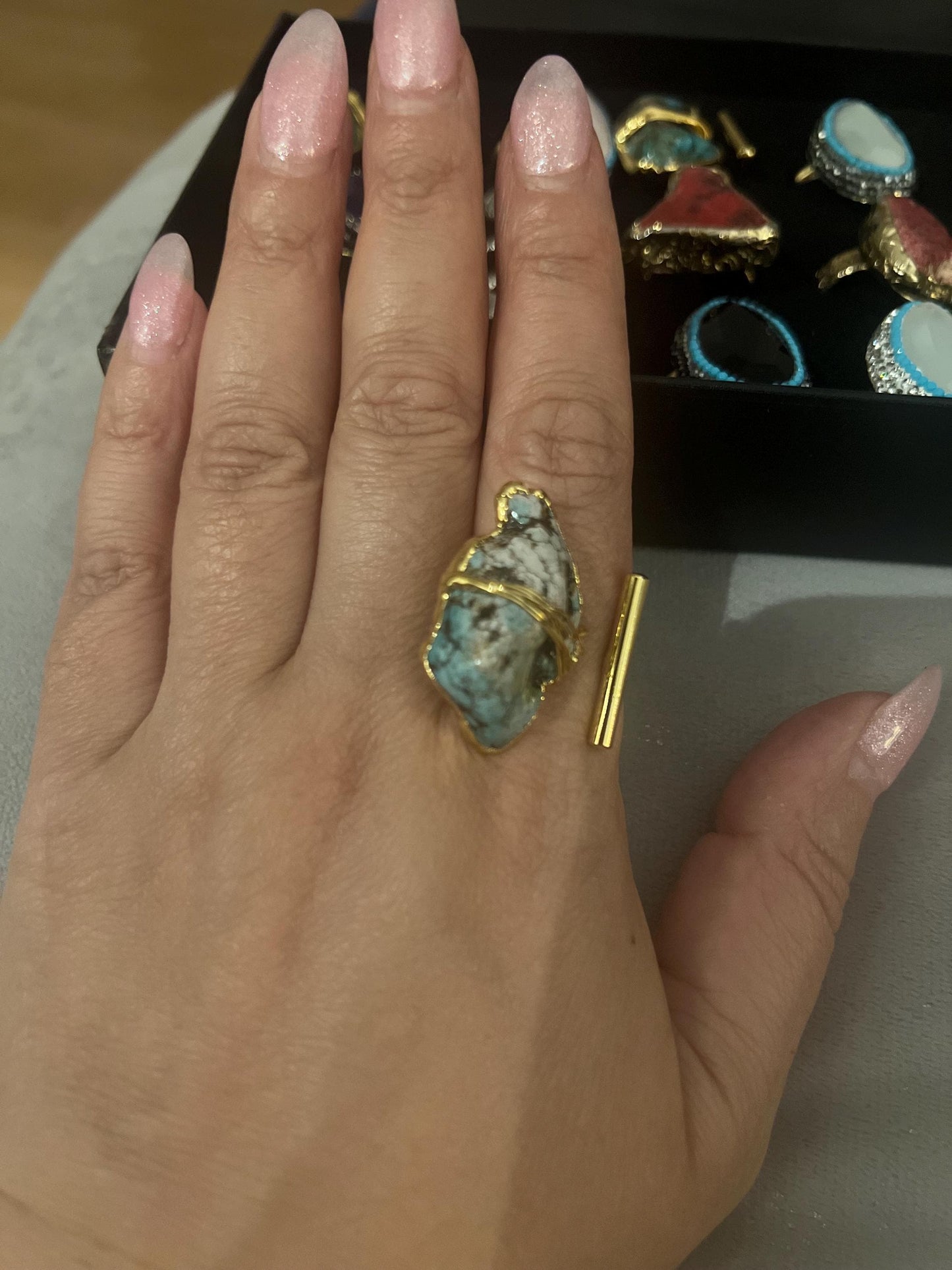 Handmade natural stone asymmetrical , gold plated adjustable ring