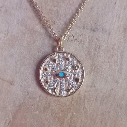 Evil Eye Coin Necklace with turquoise centre stone and Cubic Zirconia designs