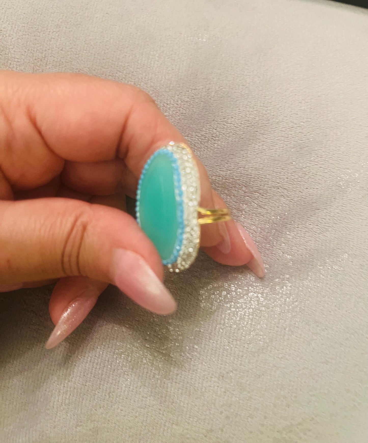 Handmade glass stone with stunning crystal surround, gold plated adjustable ring