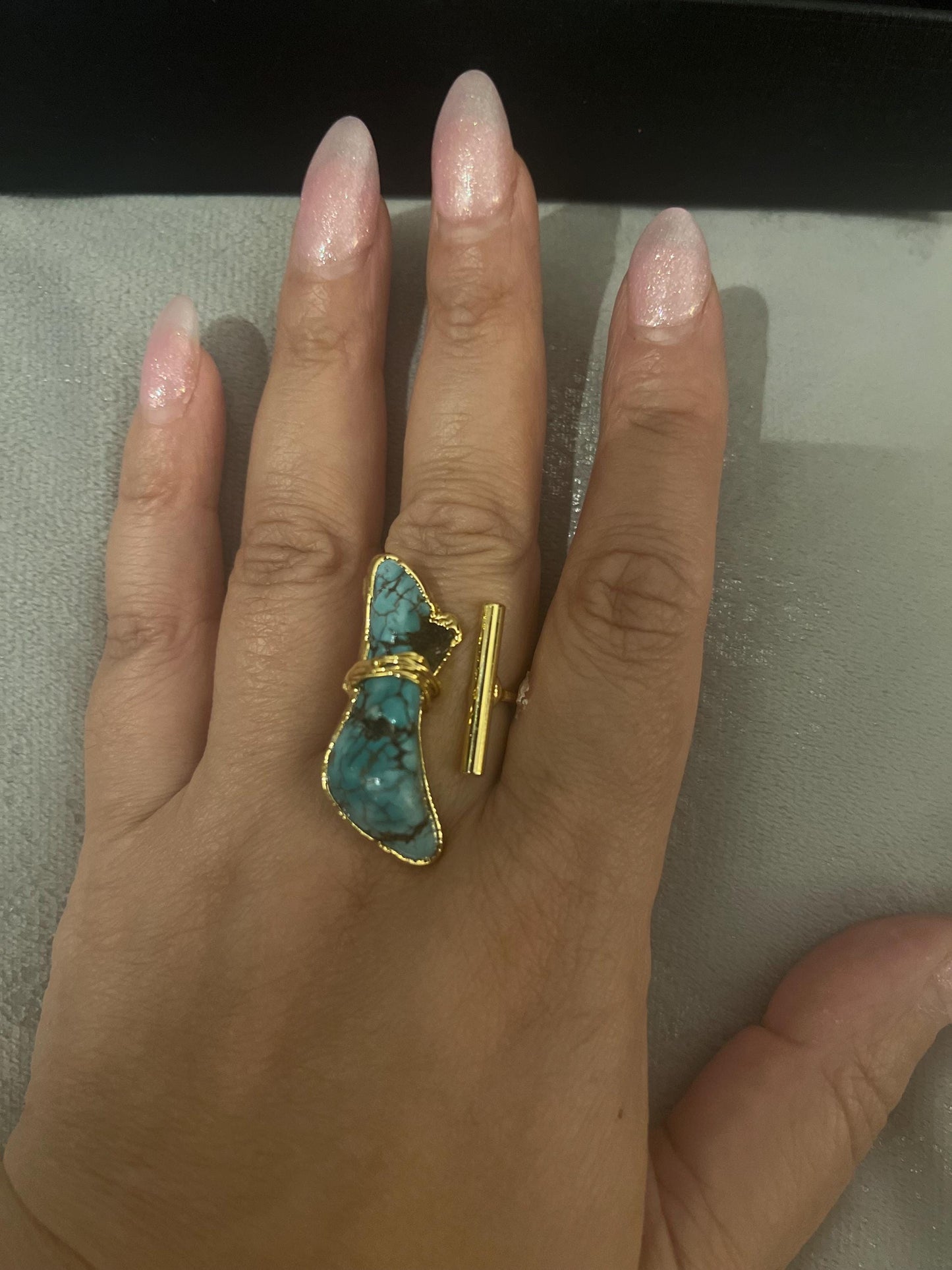 Handmade natural stone asymmetrical , gold plated adjustable ring