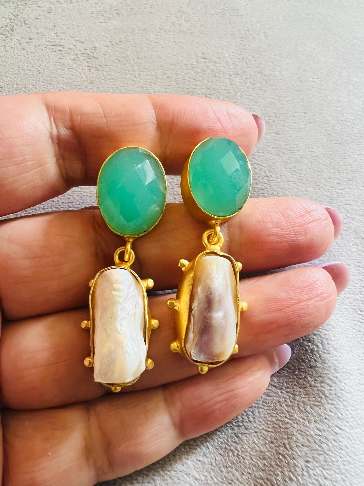 Genuine Gemstone Dangler Earrings with Pearl, Amethyst Black Onyx and Aquamarine