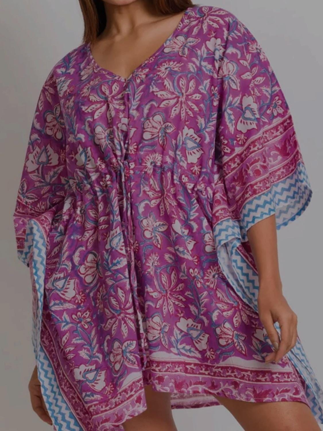Boho Chic Floral and Patterned Kaftan – Lightweight Summer Cover-Up with Drawstring Waist